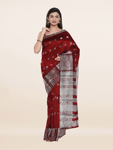 

Pothys Maroon & Silver-Toned Ethnic Motifs Zari Saree