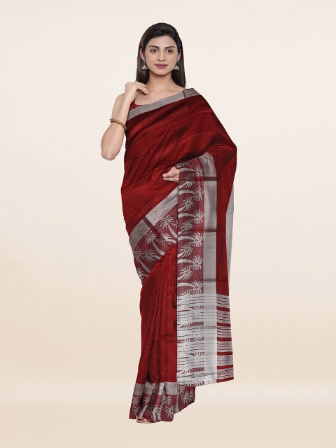 

Pothys Maroon & Silver-Toned Cotton Blend Woven Design Zari Saree