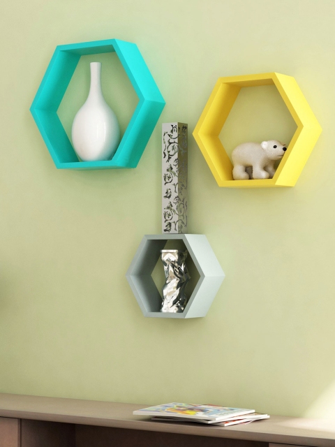 

Home Sparkle Set of 3 Hexagonal Wall Shelves, Blue