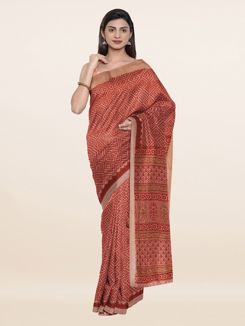 

Pothys Peach-Coloured & Red Floral Cotton Blend Saree