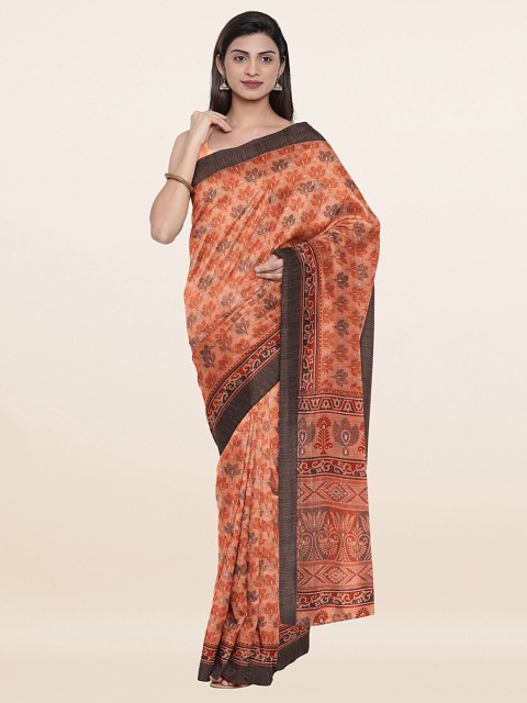 

Pothys Peach-Coloured & Black Floral Cotton Blend Saree