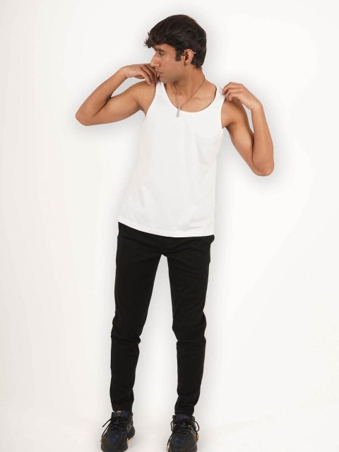 

Melangebox Men White Sleeveless Cotton T-shirt