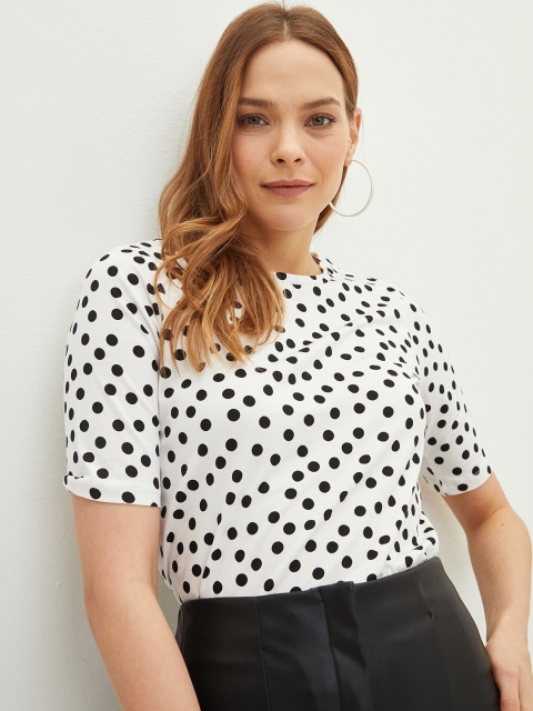 

LC Waikiki Women White & Black Polka Dot Printed Pure Cotton T-shirt