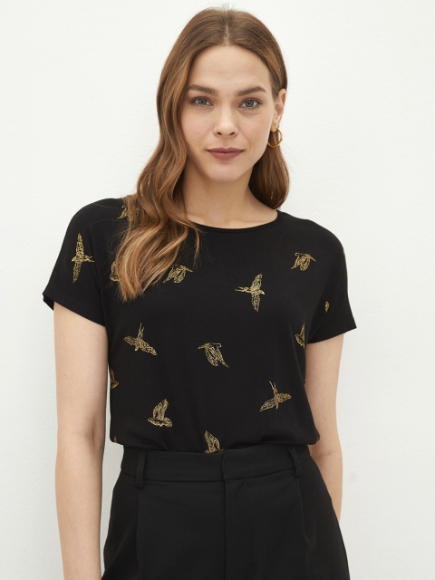 

LC Waikiki Women Black & Gold-Toned Printed T-shirt