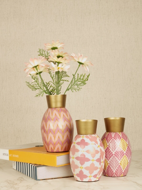 

HomeTown Set Of 3 Gold-Toned & Pink Printed Metal Vases