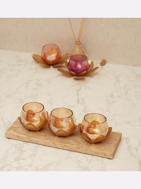 

HomeTown Set Of 3 Gold-Toned Lotus Votive Glass Candle Holders