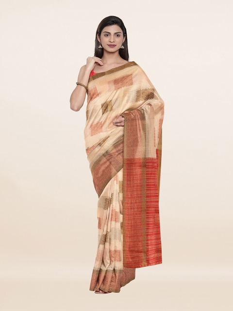 

Pothys Cream-Coloured & Red Geometric Zari Saree