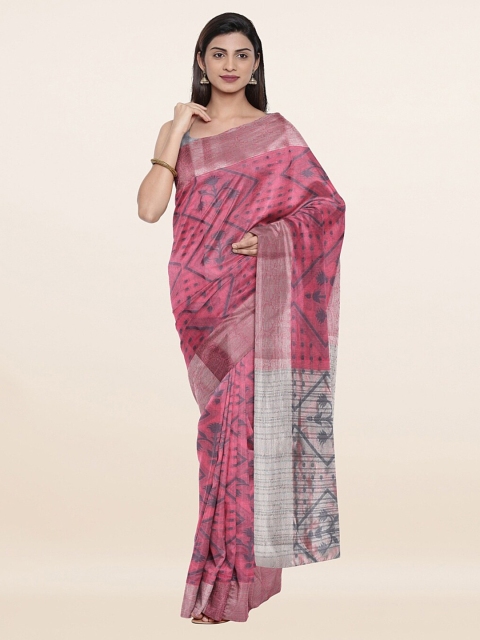

Pothys Pink & Silver-Toned Woven Design Zari Saree