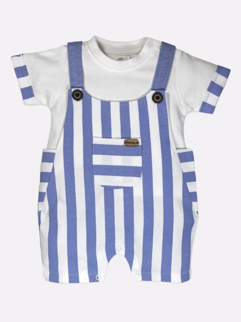 

BABY GO Boys Blue & White Striped Pure Cotton Dungarees With T-Shirt