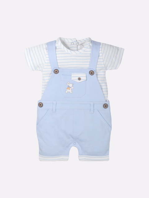 

BABY GO Infant Boys Blue & White Solid Pure Cotton Dungaree With T-Shirt