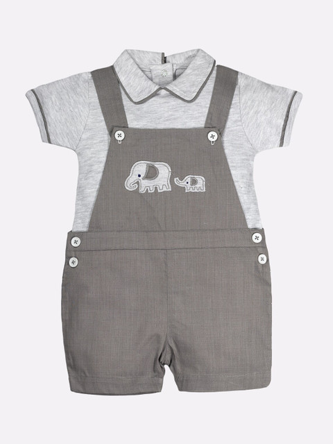 

BABY GO Boys Grey & Grey Melange Solid Pure Cotton Dungarees With T-Shirt