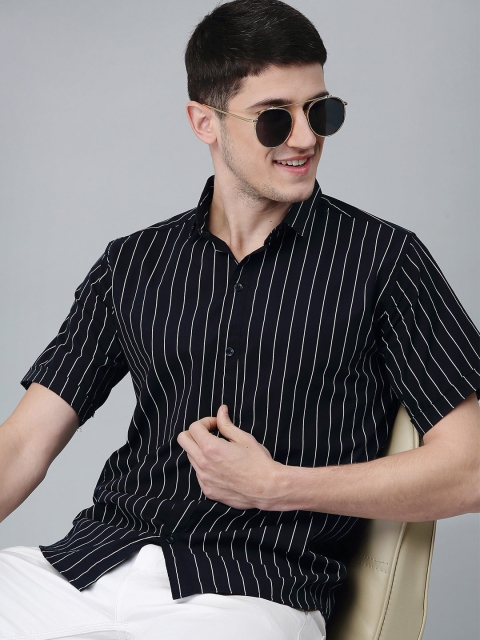

JAI TEXTILES Men Navy Blue Slim Fit Striped Casual Shirt