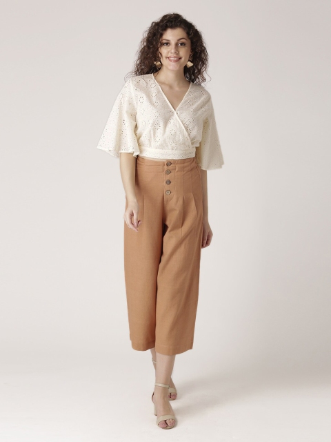 

DressBerry Off White Floral Print Schiffli Wrap Crop Top