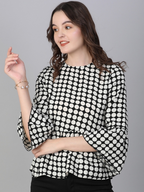 

DressBerry Women Black & Off White Geometric Print Peplum Top