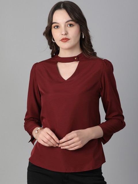 

DressBerry Women Burgundy Solid Choker Neck Top