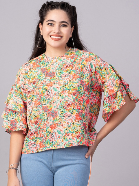 

DressBerry Orange & popcorn Floral Print Top