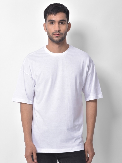 

Melangebox Men White Drop-Shoulder Sleeves Loose Cotton T-shirt