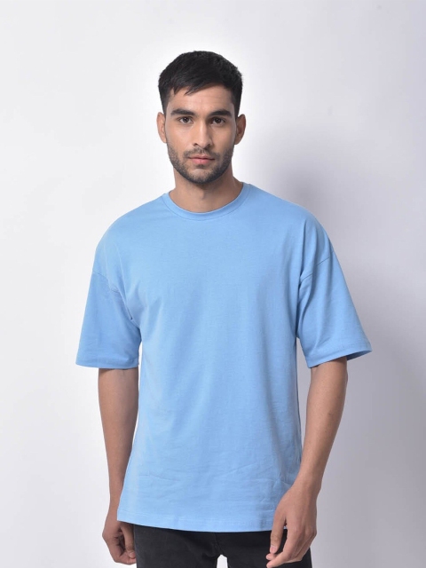 

Melangebox Men Blue Drop-Shoulder Sleeves Loose Cotton T-shirt