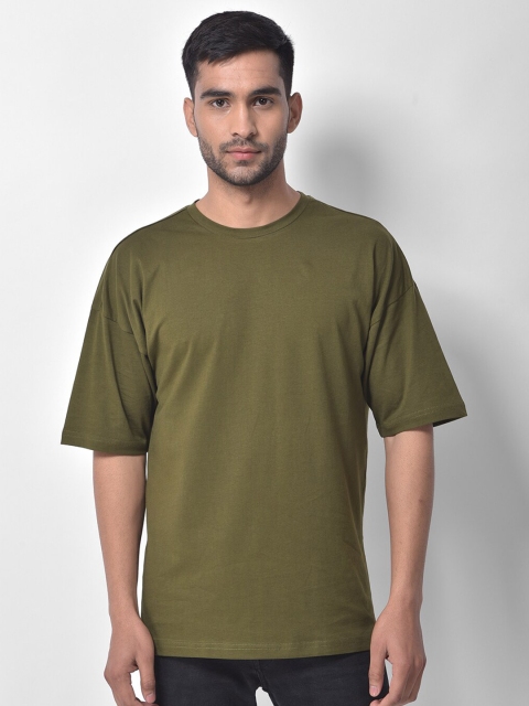 

Melangebox Men Olive Green Drop-Shoulder Sleeves Loose Cotton T-shirt