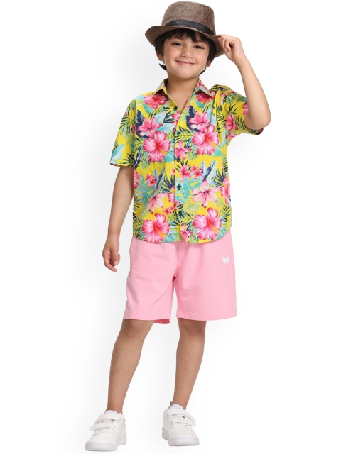 

SIDROCK Boys Yellow & Pink Tropical Printed Pure Cotton Shirt with Shorts