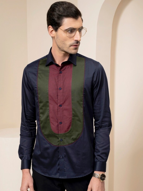 

ABKASA Men Navy Blue Sharp Slim Fit Colourblocked Casual Shirt