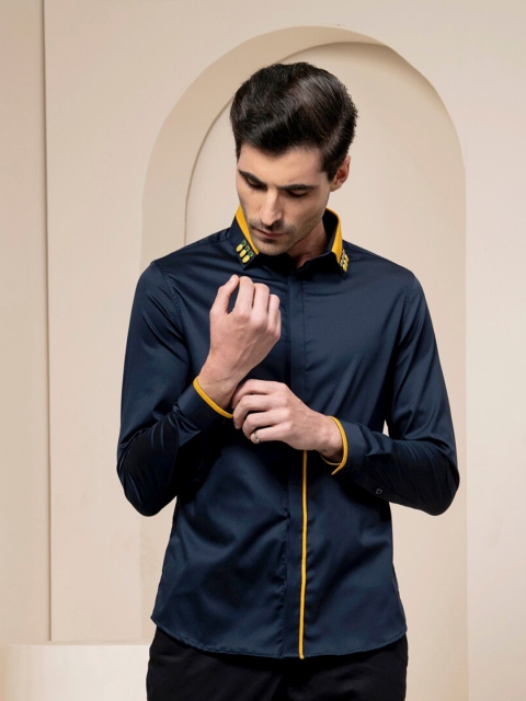 

ABKASA Men Navy Blue Sharp Slim Fit Casual Shirt