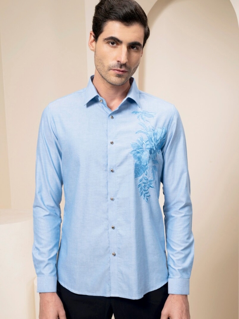 

ABKASA Men Blue Sharp Slim Fit Floral Embroidered Casual Shirt