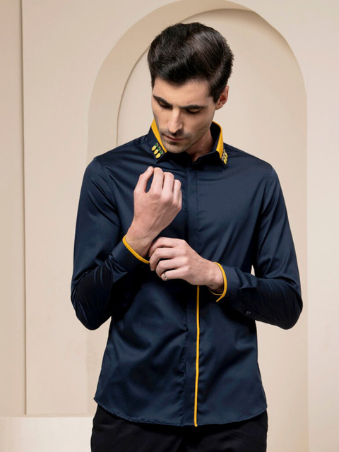 

ABKASA Men Navy Blue Sharp Slim Fit Casual Shirt