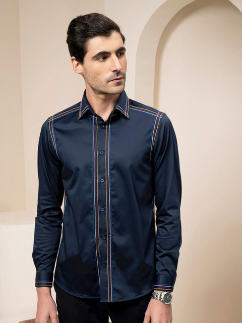 

ABKASA Men Navy Blue Sharp Slim Fit Casual Shirt