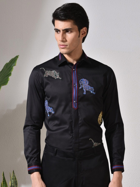 

ABKASA Men Black Sharp Slim Fit Embroidered Casual Shirt