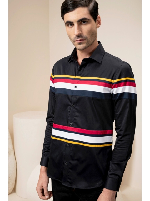 

ABKASA Men Black Sharp Slim Fit Horizontal Stripes Striped Casual Shirt