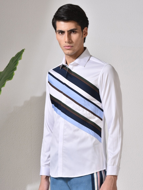 

ABKASA Men White Sharp Slim Fit Striped Casual Shirt