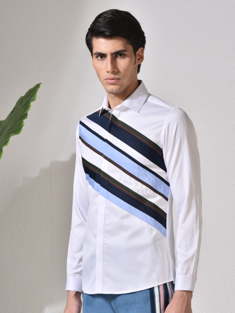

ABKASA Men White Sharp Slim Fit Striped Casual Shirt