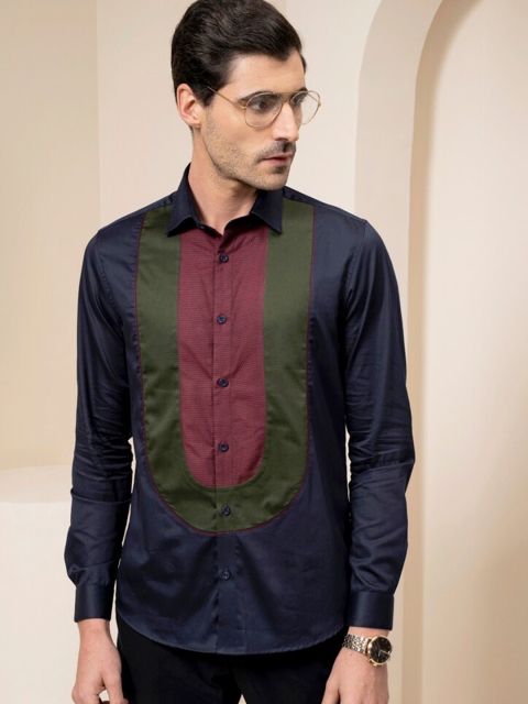 

ABKASA Men Blue Green Color blocked Sharp Slim Fit Casual Shirt