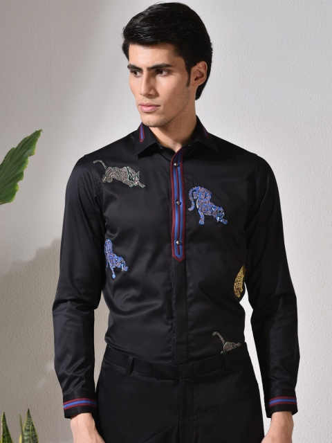 

ABKASA Men Black Sharp Slim Fit Animal Embroidered Casual Shirt