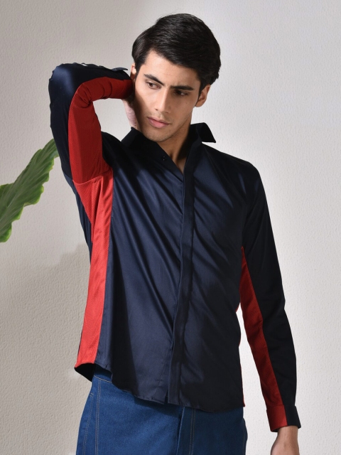 

ABKASA Men Navy Blue & Red Sharp Slim Fit Casual Shirt