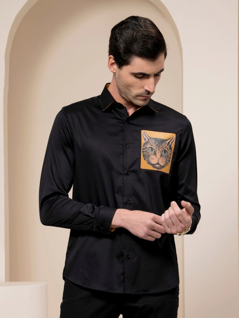 

ABKASA Men Black Sharp Slim Fit Applique Casual Shirt