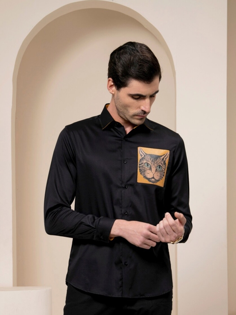 

ABKASA Men Black Applique Sharp Slim Fit Casual Shirt