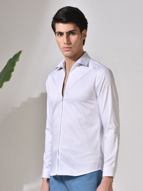 

ABKASA Men White Pin Tucks Sharp Slim Fit Casual Shirt