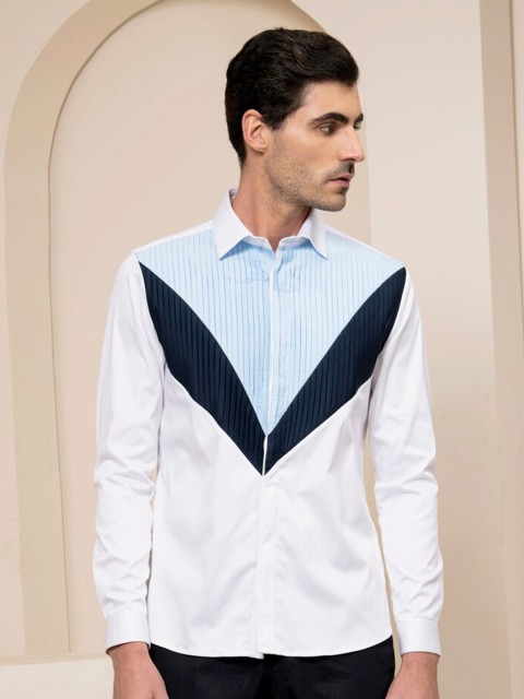 

ABKASA Men White Pin Tucks Sharp Slim Fit Casual Shirt