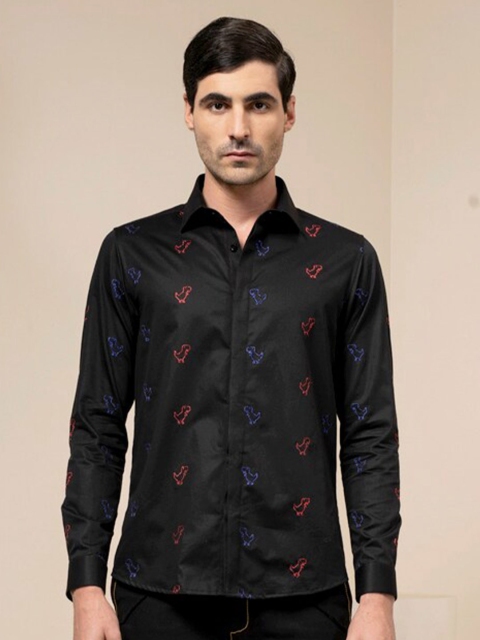 

ABKASA Men Black Sharp Slim Fit Embroidered Casual Shirt