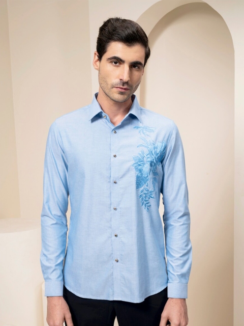 

ABKASA Men Blue Embroidered Sharp Slim Fit Casual Shirt