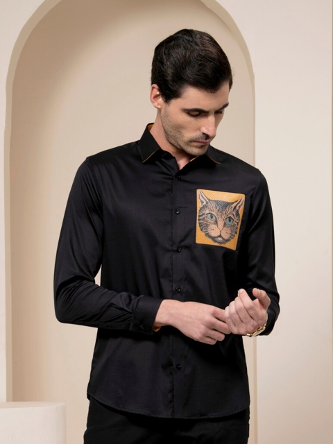 

ABKASA Men Black Applique Sharp Slim Fit Casual Shirt