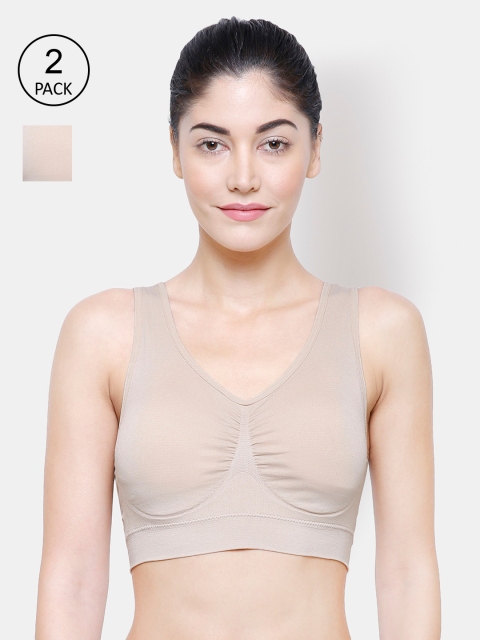 

FashionRack Pack of 2 Beige Solid Cotton Workout Bras - Lightly Padded