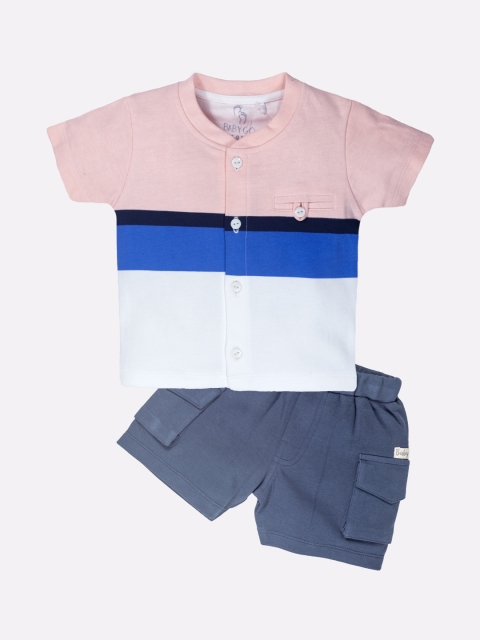 

BABY GO Boys Navy Blue & Grey Colourblocked Pure Cotton T-shirt with Shorts