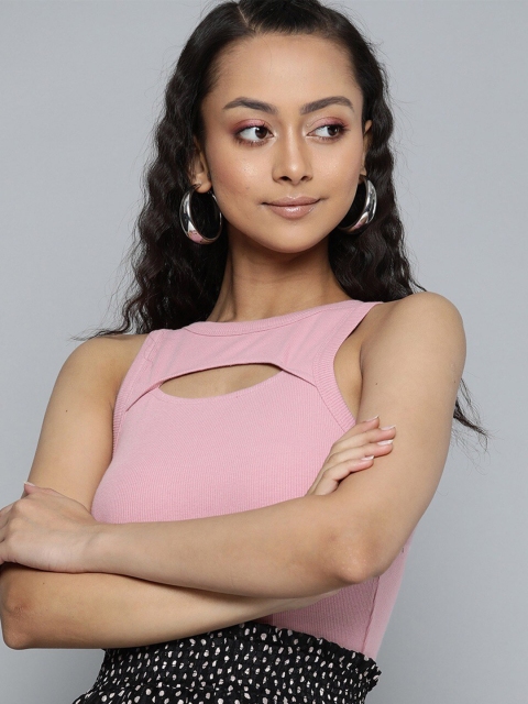 

VividArtsy Pink Solid Crop Top with Cut-Out