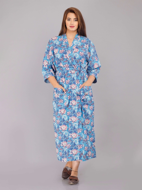 

SHOOLIN Blue Printed Maxi Pure Cotton Nightdress