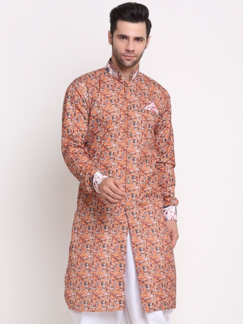 

Benstoke Men Orange and Brown Abstract printed Pathani Kurta