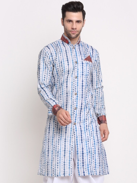 

Benstoke Men White & Blue Printed Kurta