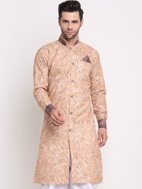 

Benstoke Men Peach-Coloured Floral Cotton Kurta